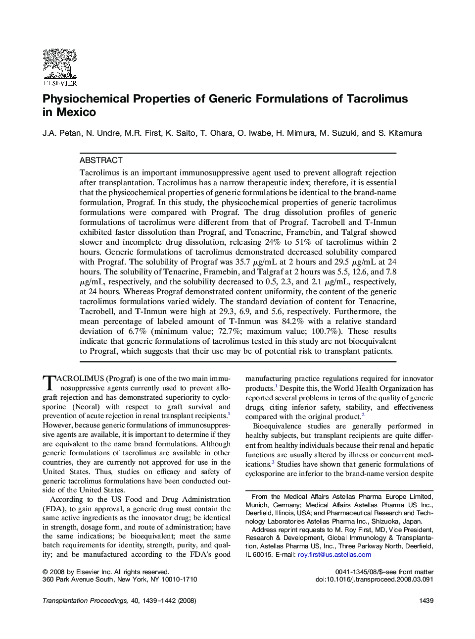 Physiochemical Properties of Generic Formulations of Tacrolimus in Mexico