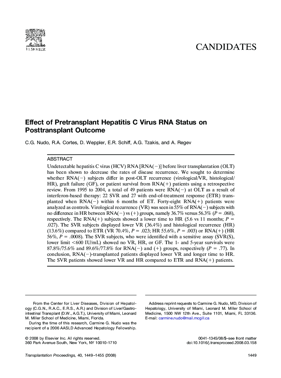 Effect of Pretransplant Hepatitis C Virus RNA Status on Posttransplant Outcome 