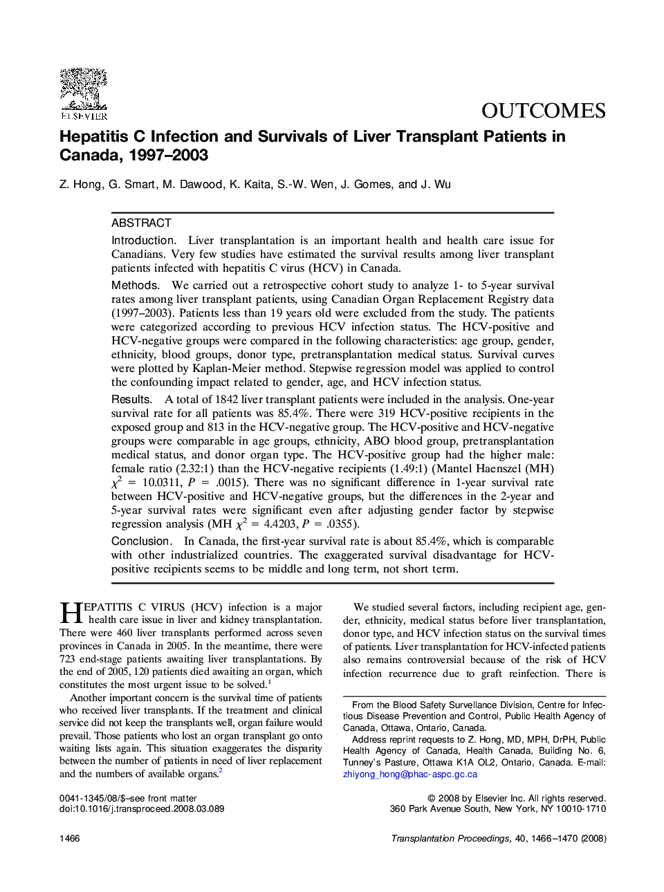 Hepatitis C Infection and Survivals of Liver Transplant Patients in Canada, 1997–2003