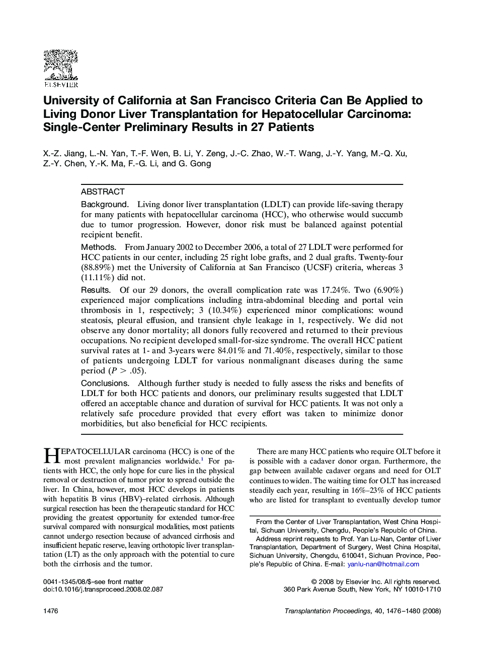 University of California at San Francisco Criteria Can Be Applied to Living Donor Liver Transplantation for Hepatocellular Carcinoma: Single-Center Preliminary Results in 27 Patients