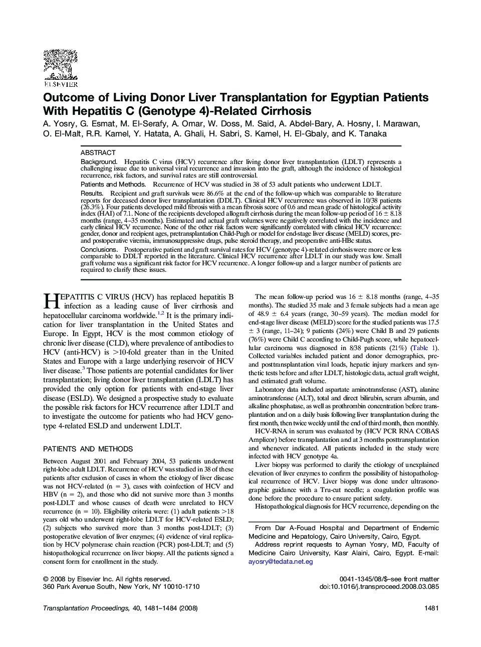Outcome of Living Donor Liver Transplantation for Egyptian Patients With Hepatitis C (Genotype 4)-Related Cirrhosis