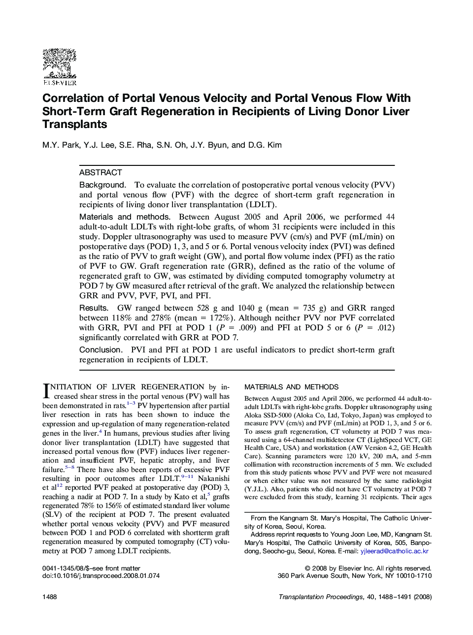 Correlation of Portal Venous Velocity and Portal Venous Flow With Short-Term Graft Regeneration in Recipients of Living Donor Liver Transplants