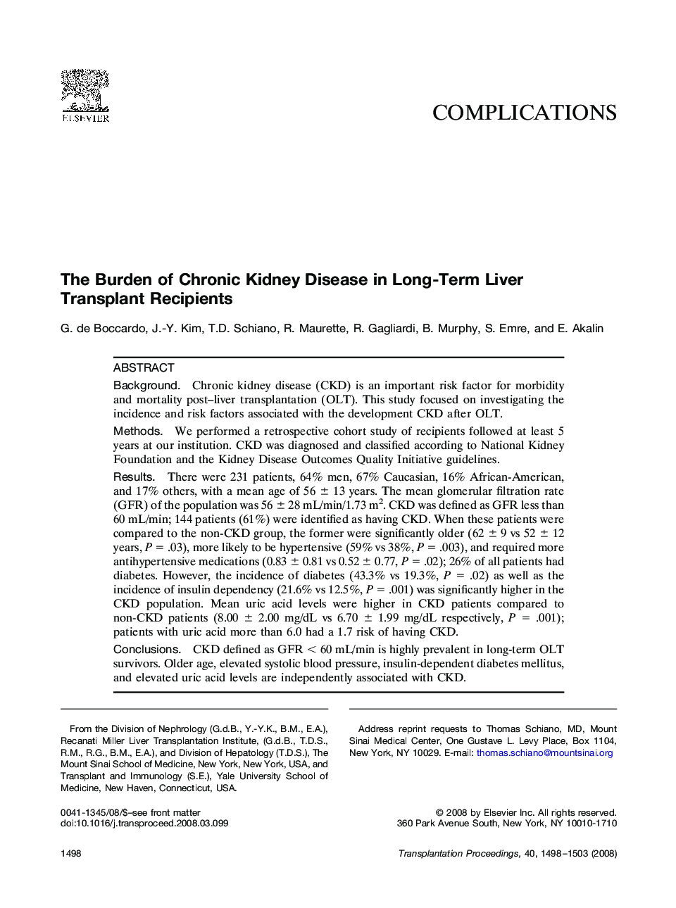 The Burden of Chronic Kidney Disease in Long-Term Liver Transplant Recipients