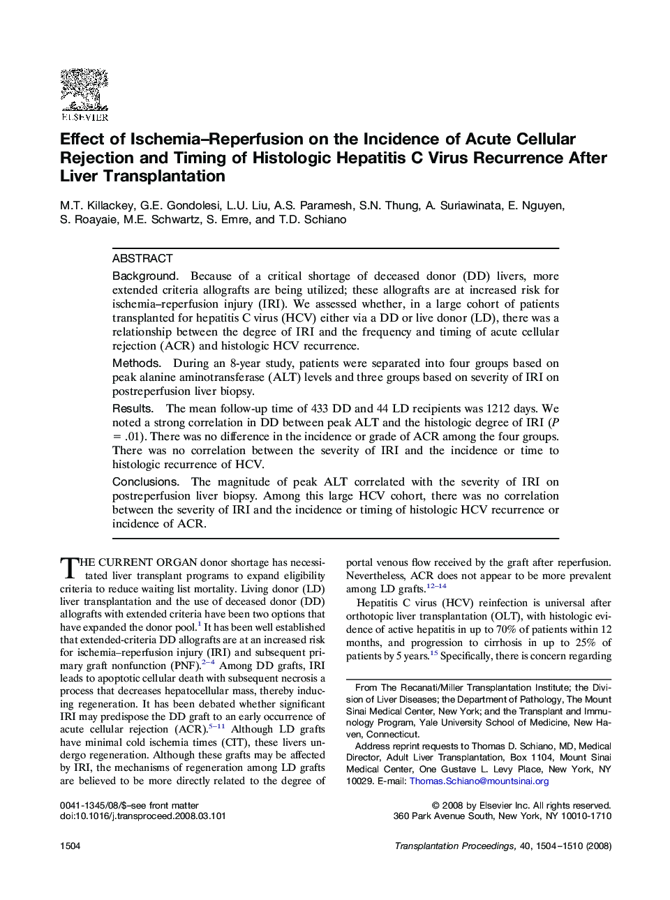 Effect of Ischemia-Reperfusion on the Incidence of Acute Cellular Rejection and Timing of Histologic Hepatitis C Virus Recurrence After Liver Transplantation