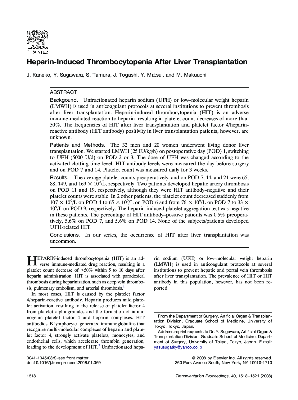 Heparin-Induced Thrombocytopenia After Liver Transplantation