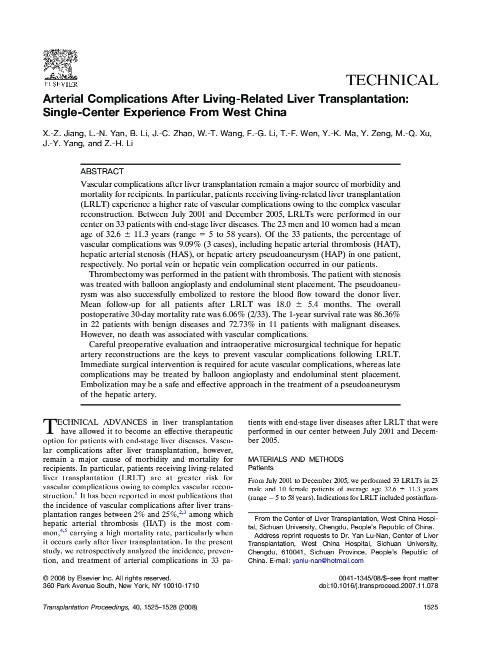 Arterial Complications After Living-Related Liver Transplantation: Single-Center Experience From West China