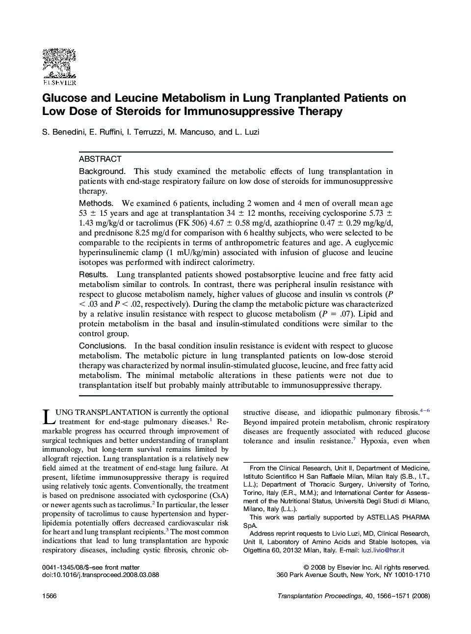 Glucose and Leucine Metabolism in Lung Tranplanted Patients on Low Dose of Steroids for Immunosuppressive Therapy