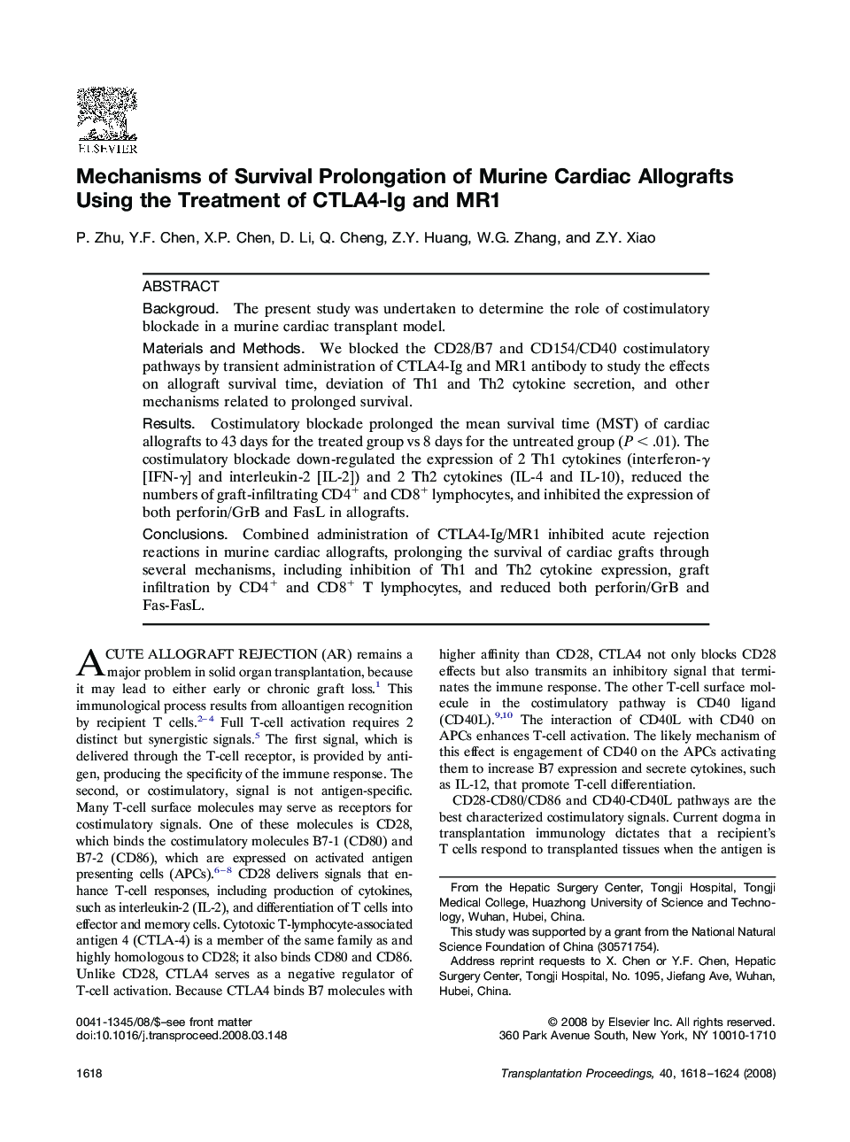 Mechanisms of Survival Prolongation of Murine Cardiac Allografts Using the Treatment of CTLA4-Ig and MR1 