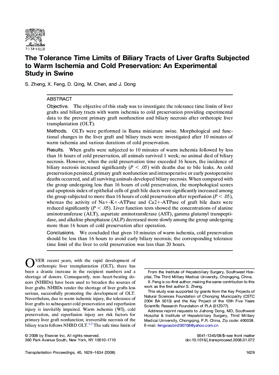 The Tolerance Time Limits of Biliary Tracts of Liver Grafts Subjected to Warm Ischemia and Cold Preservation: An Experimental Study in Swine