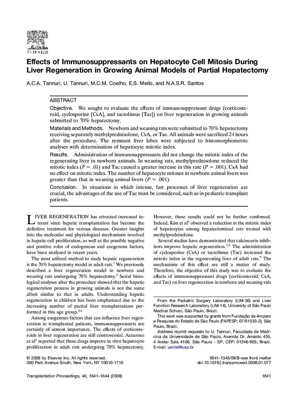 Effects of Immunosuppressants on Hepatocyte Cell Mitosis During Liver Regeneration in Growing Animal Models of Partial Hepatectomy 
