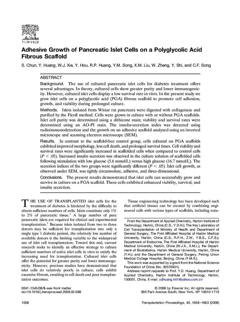 Adhesive Growth of Pancreatic Islet Cells on a Polyglycolic Acid Fibrous Scaffold 