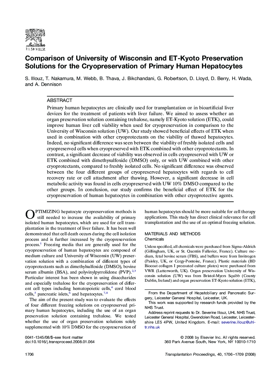 Comparison of University of Wisconsin and ET-Kyoto Preservation Solutions for the Cryopreservation of Primary Human Hepatocytes 
