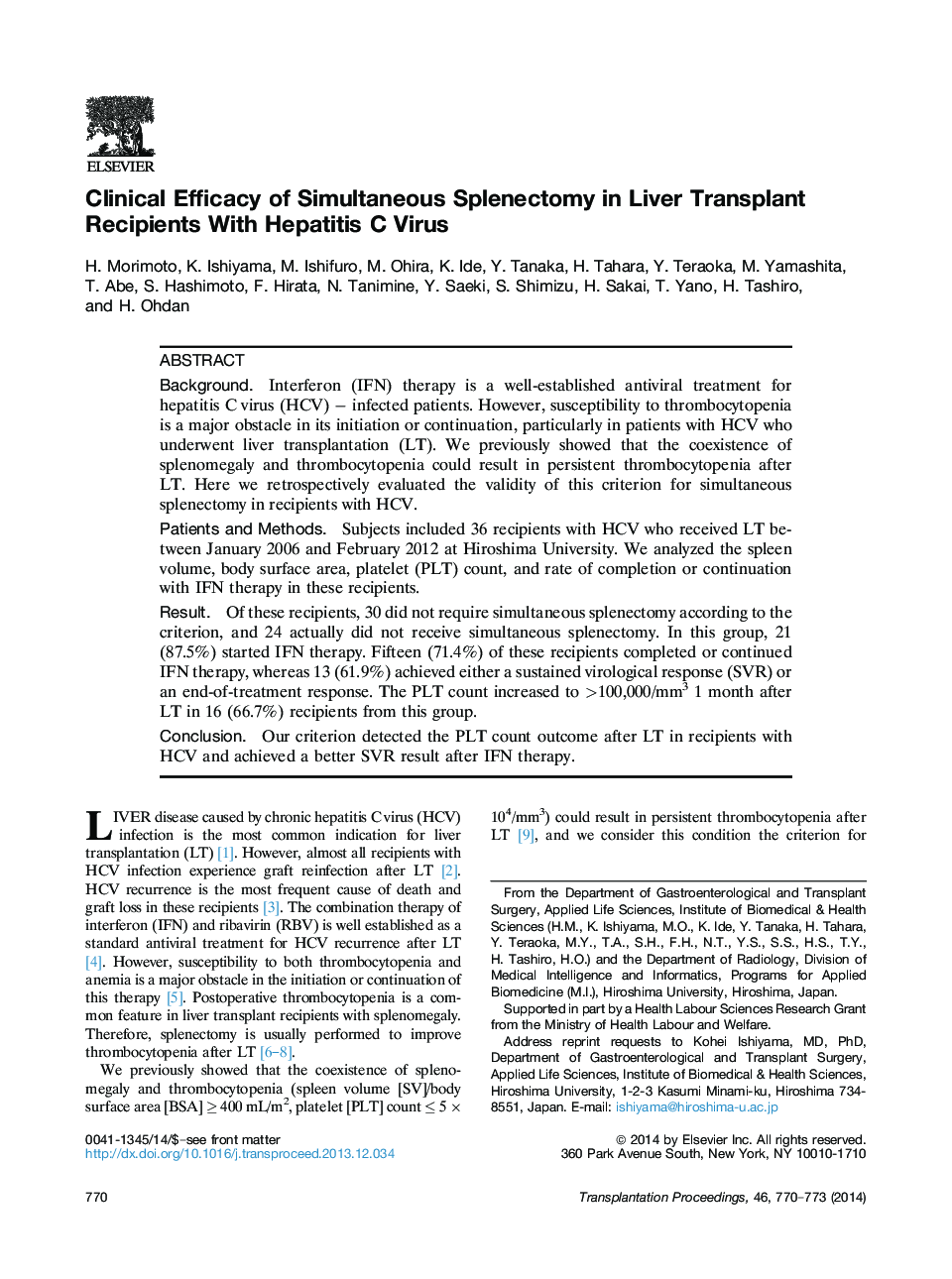 Clinical Efficacy of Simultaneous Splenectomy in Liver Transplant Recipients With Hepatitis C Virus 