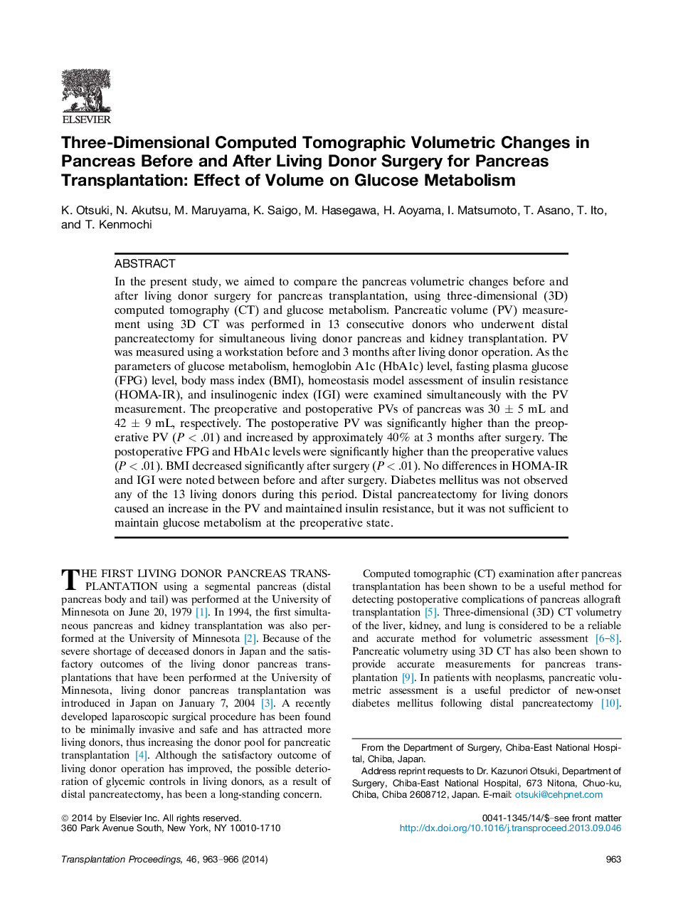Three-Dimensional Computed Tomographic Volumetric Changes in Pancreas Before and After Living Donor Surgery for Pancreas Transplantation: Effect of Volume on Glucose Metabolism