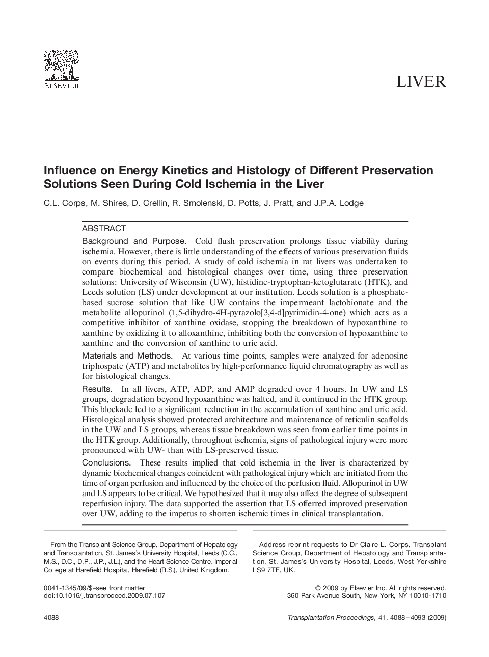 Influence on Energy Kinetics and Histology of Different Preservation Solutions Seen During Cold Ischemia in the Liver