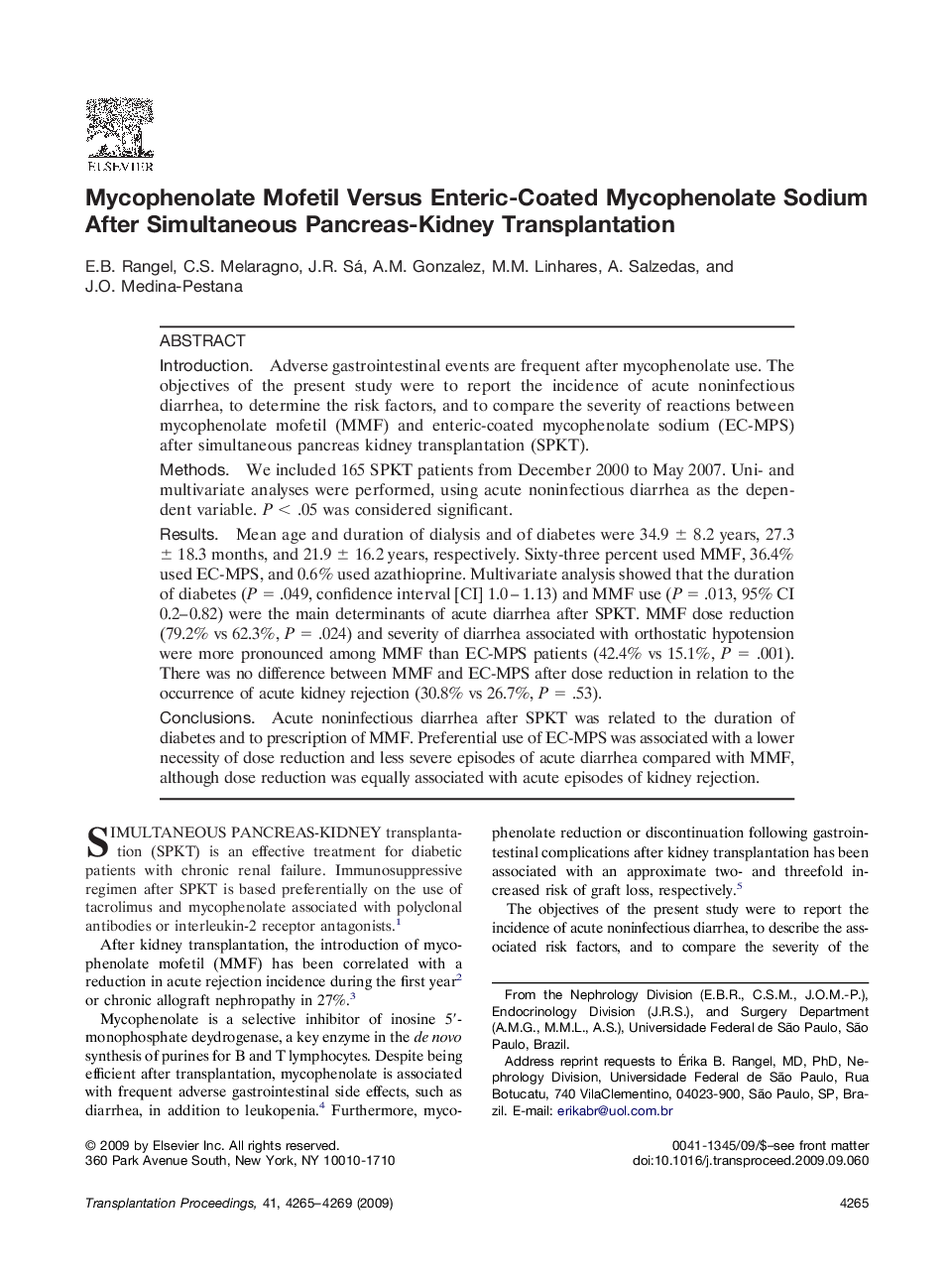 Mycophenolate Mofetil Versus Enteric-Coated Mycophenolate Sodium After Simultaneous Pancreas-Kidney Transplantation