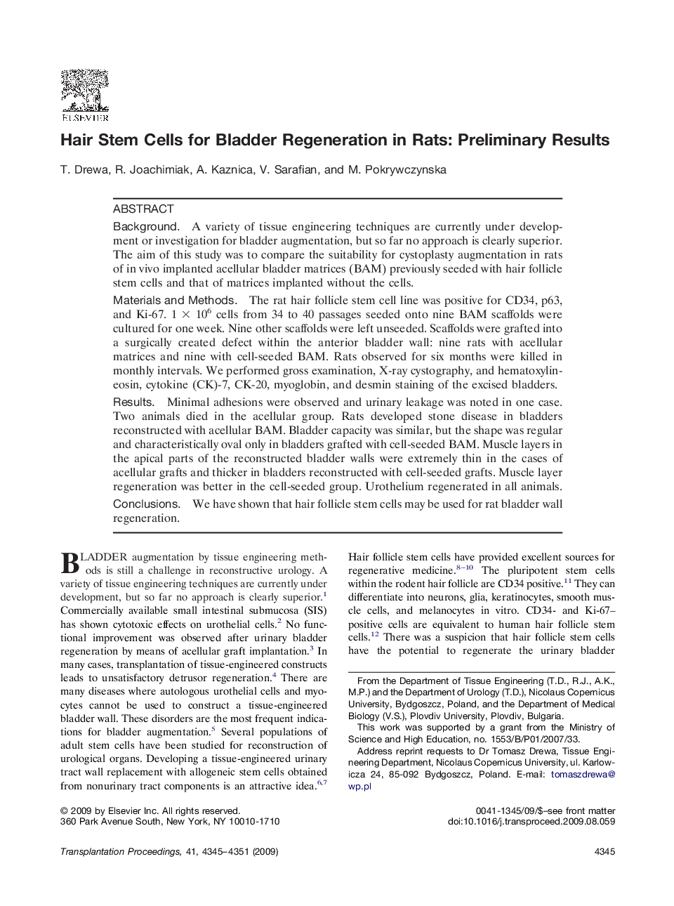 Hair Stem Cells for Bladder Regeneration in Rats: Preliminary Results 