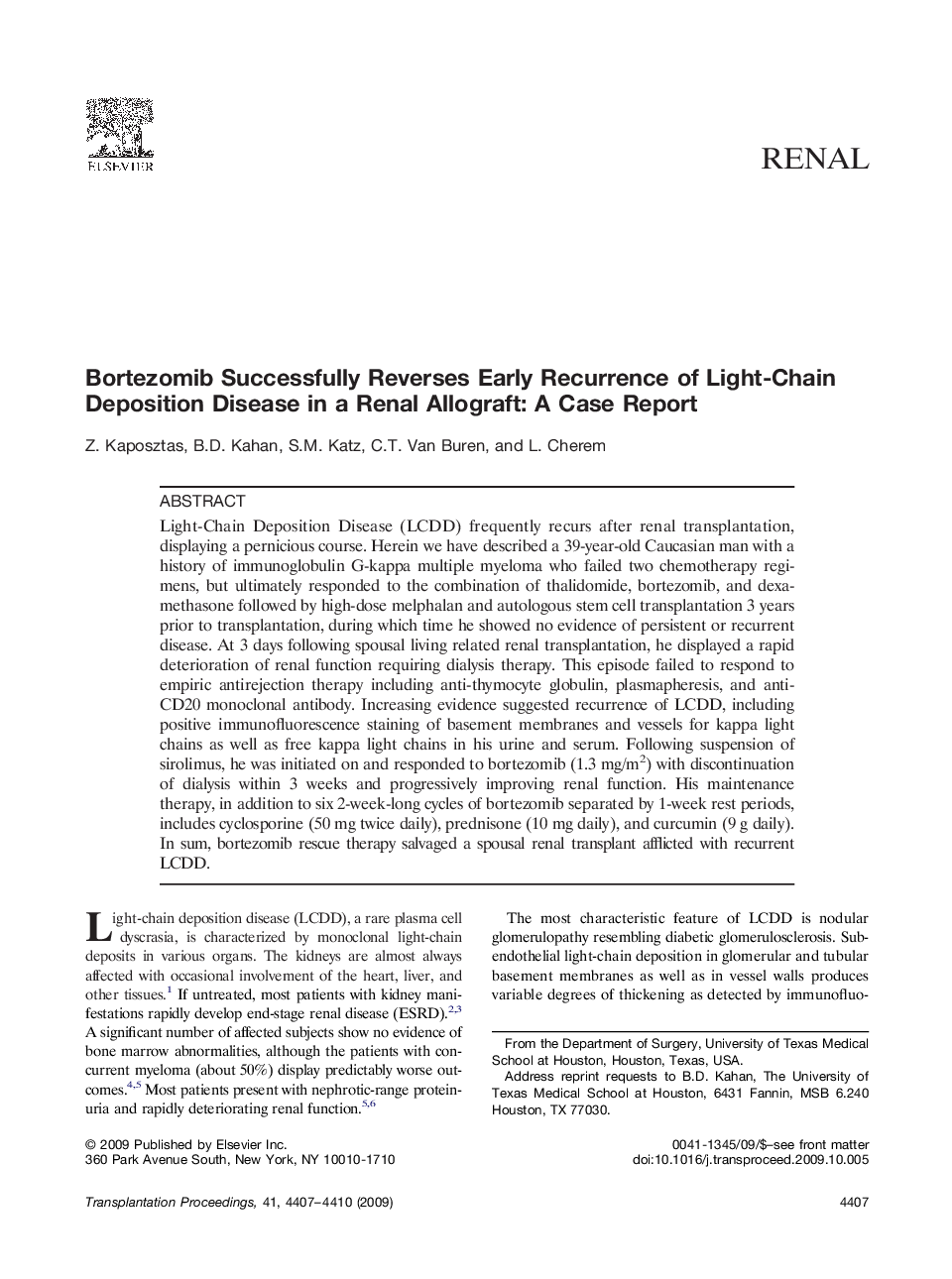 Bortezomib Successfully Reverses Early Recurrence of Light-Chain Deposition Disease in a Renal Allograft: A Case Report