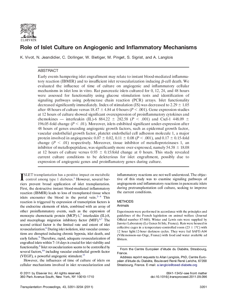 Role of Islet Culture on Angiogenic and Inflammatory Mechanisms