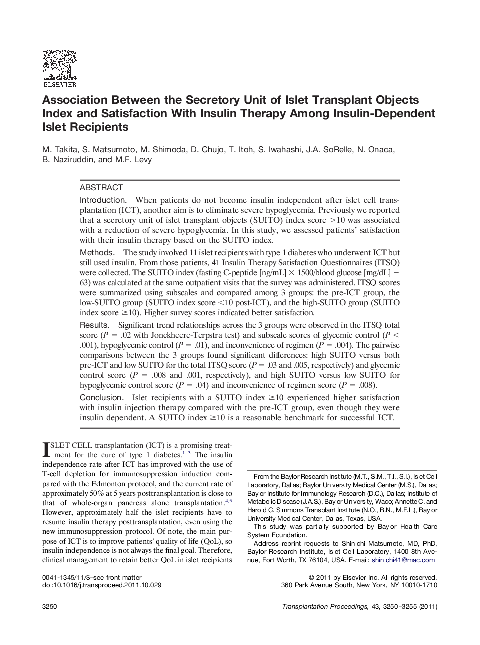 Association Between the Secretory Unit of Islet Transplant Objects Index and Satisfaction With Insulin Therapy Among Insulin-Dependent Islet Recipients 