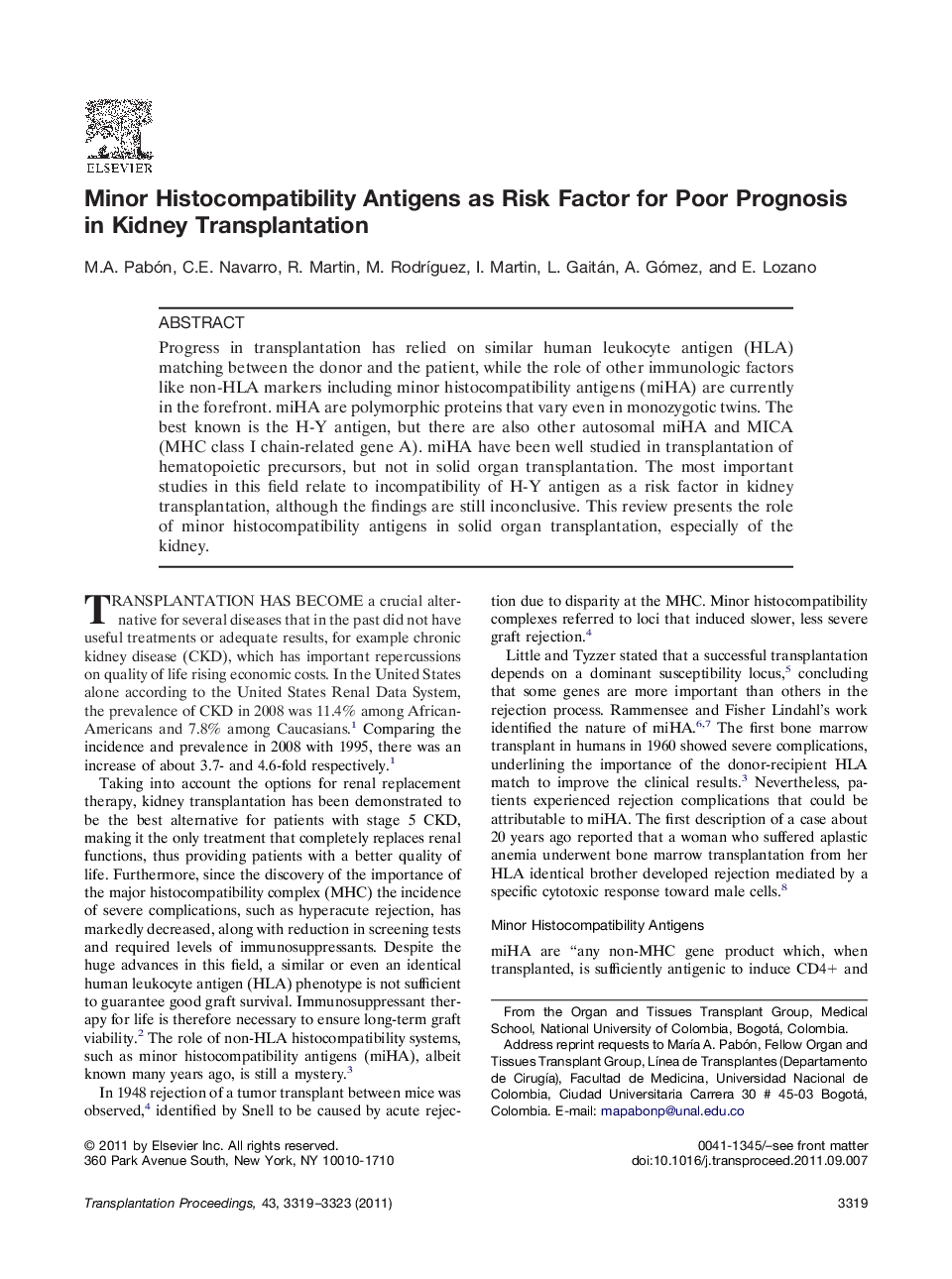 Minor Histocompatibility Antigens as Risk Factor for Poor Prognosis in Kidney Transplantation