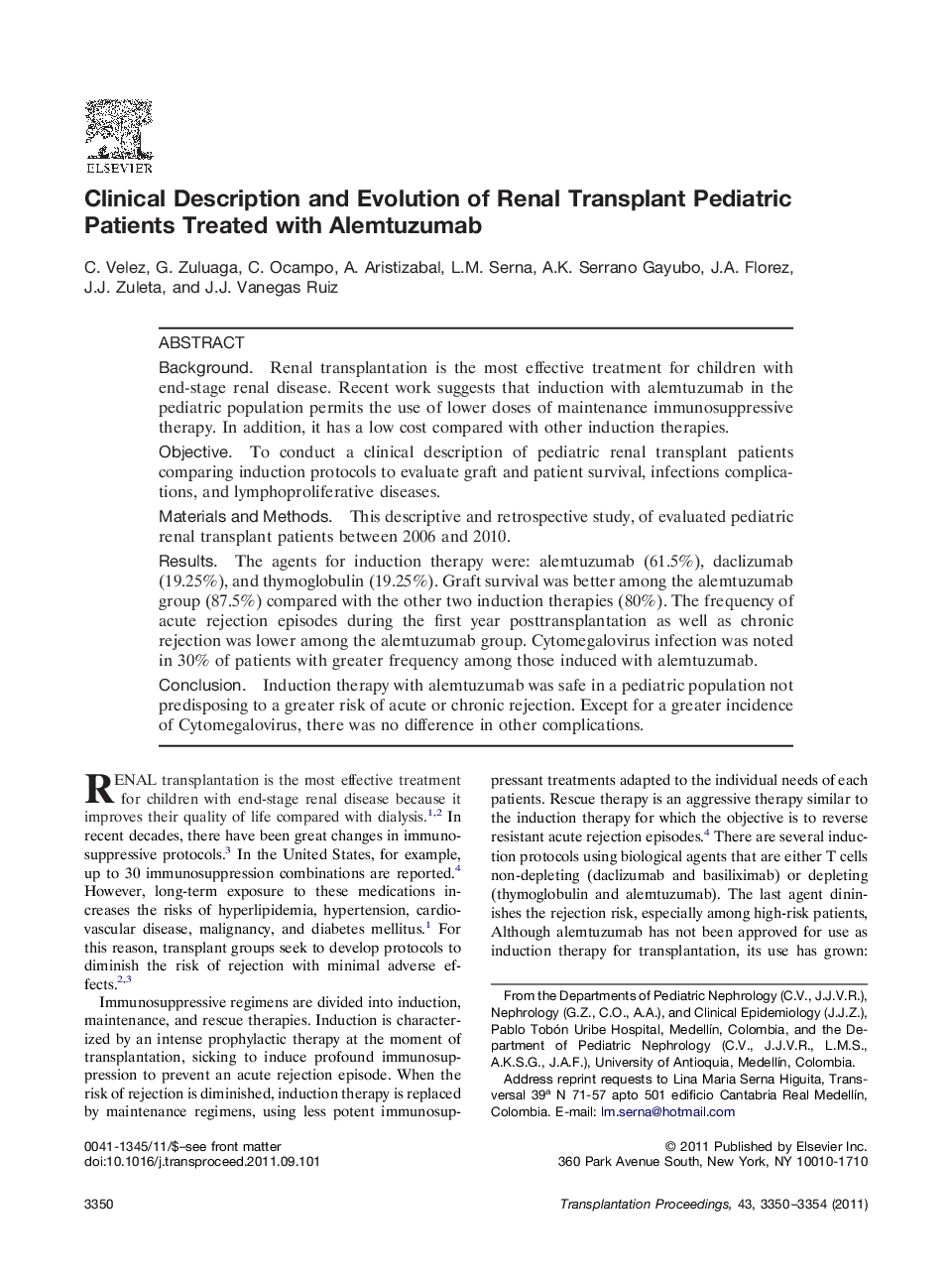 Clinical Description and Evolution of Renal Transplant Pediatric Patients Treated with Alemtuzumab