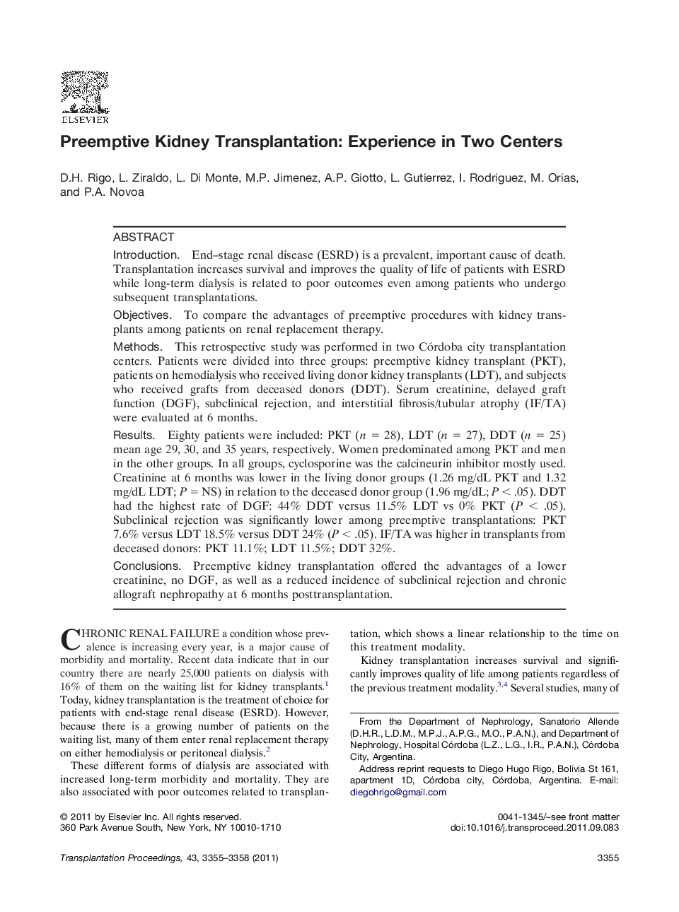 Preemptive Kidney Transplantation: Experience in Two Centers