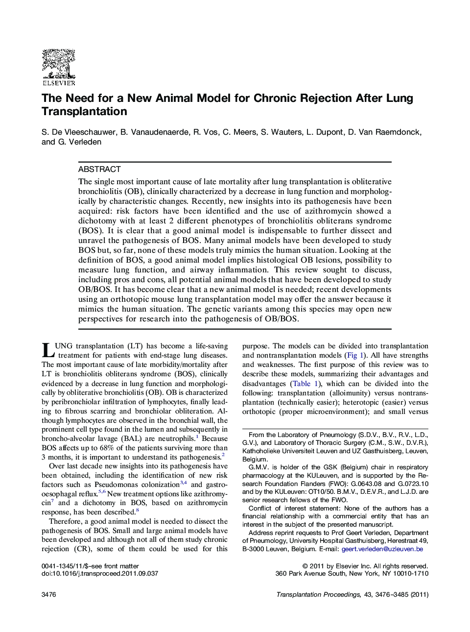 The Need for a New Animal Model for Chronic Rejection After Lung Transplantation 