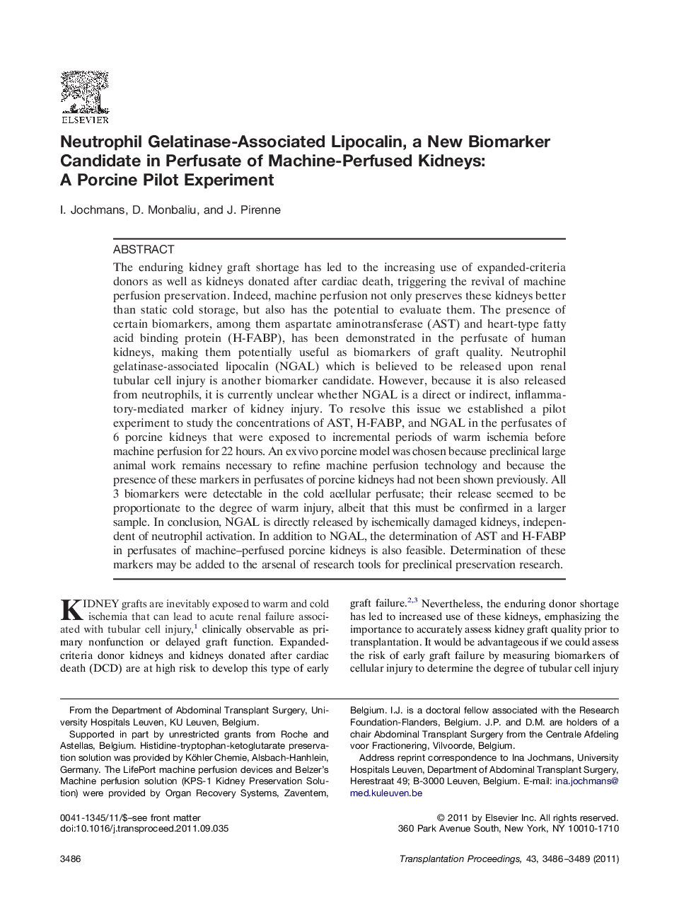 Neutrophil Gelatinase-Associated Lipocalin, a New Biomarker Candidate in Perfusate of Machine-Perfused Kidneys: A Porcine Pilot Experiment 