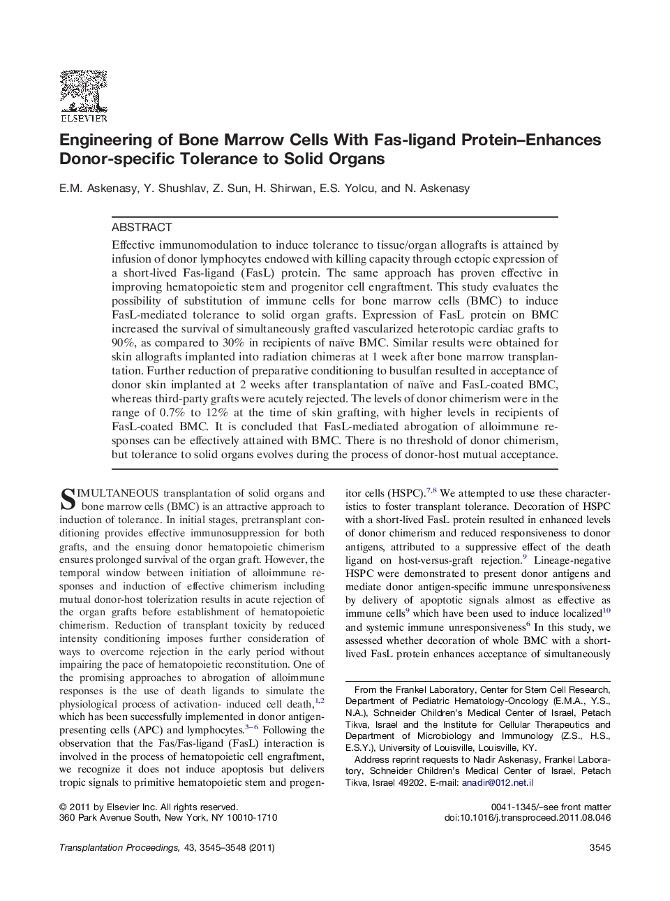 Engineering of Bone Marrow Cells With Fas-ligand Protein–Enhances Donor-specific Tolerance to Solid Organs