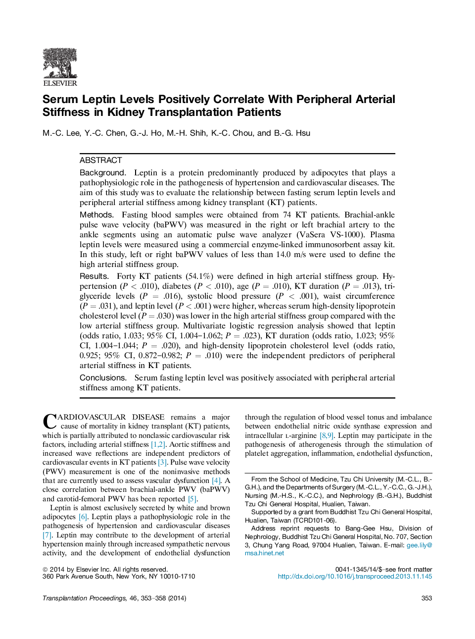 Serum Leptin Levels Positively Correlate With Peripheral Arterial Stiffness in Kidney Transplantation Patients 