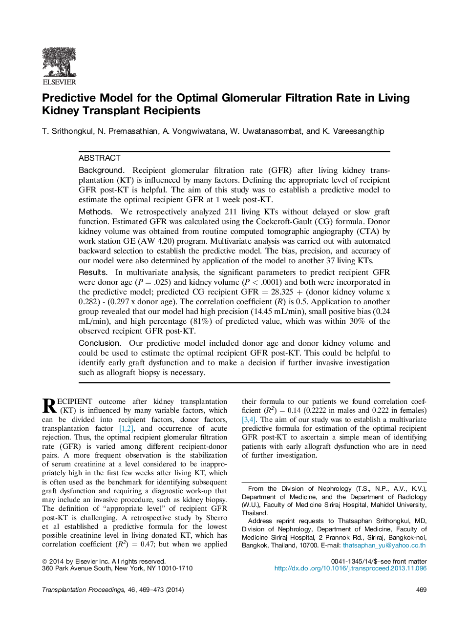 Predictive Model for the Optimal Glomerular Filtration Rate in Living Kidney Transplant Recipients