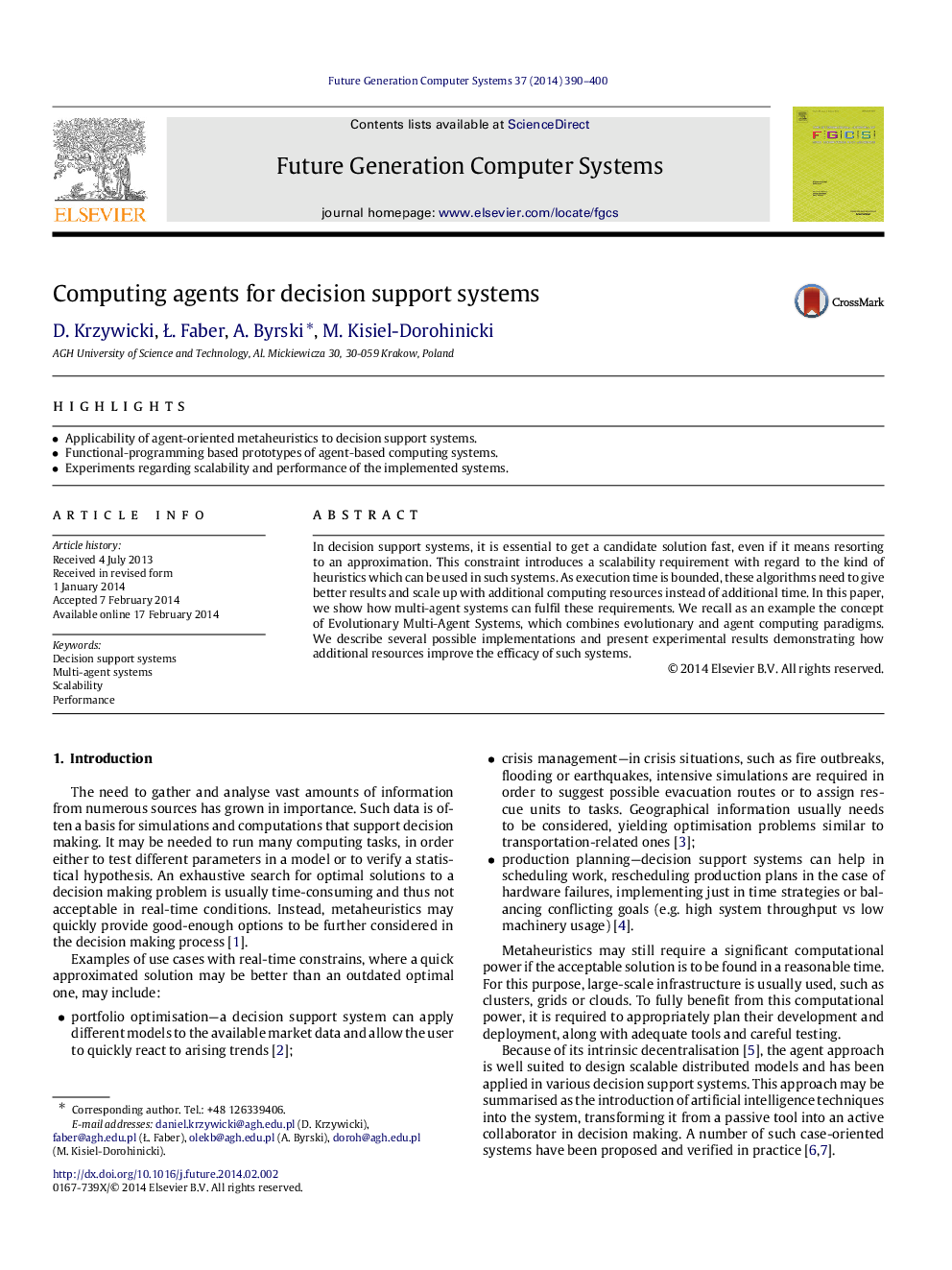 Computing agents for decision support systems