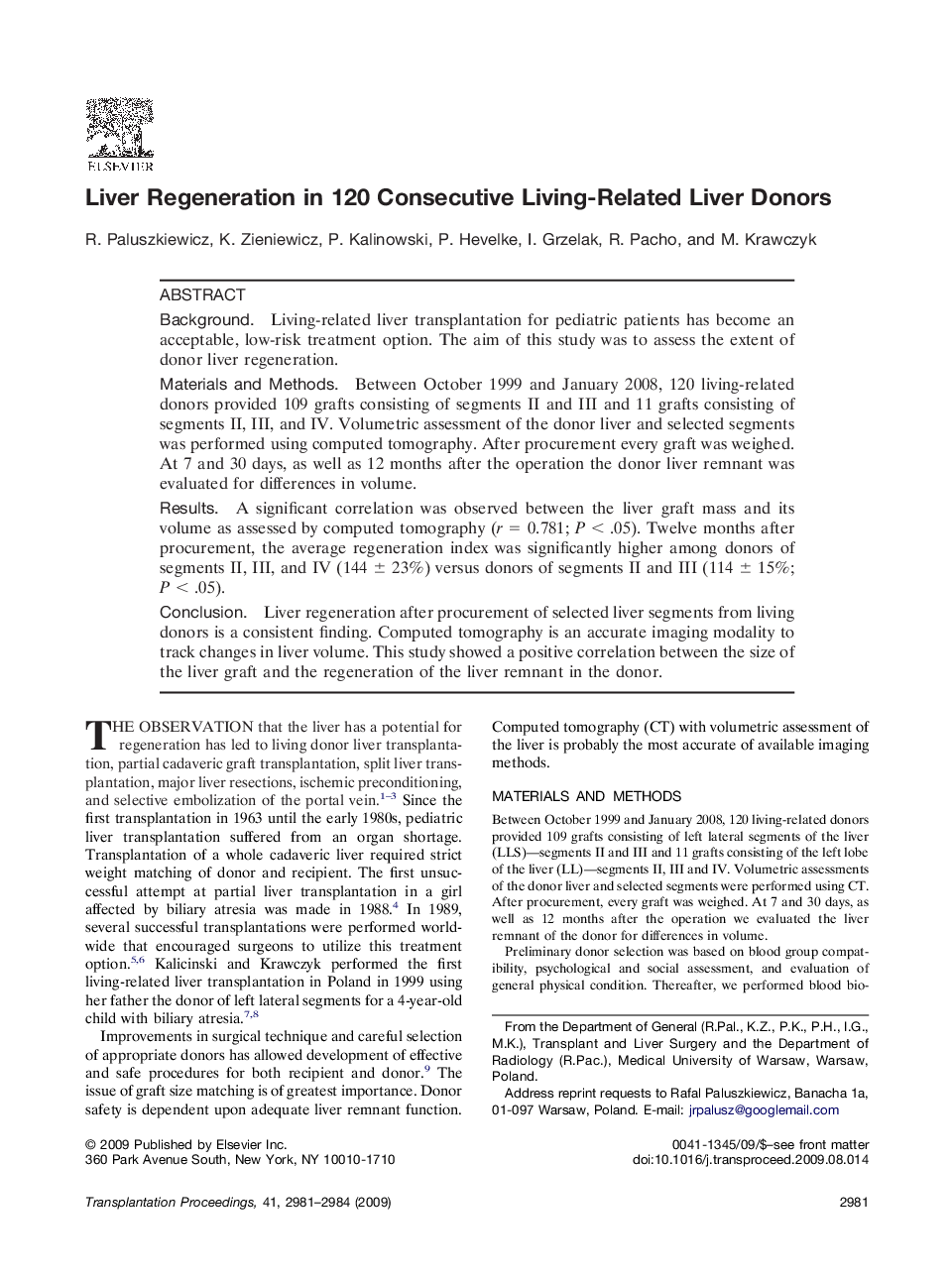 Liver Regeneration in 120 Consecutive Living-Related Liver Donors
