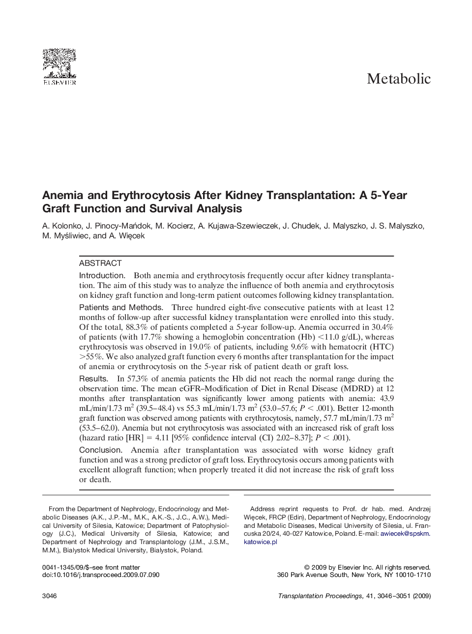 Anemia and Erythrocytosis After Kidney Transplantation: A 5-Year Graft Function and Survival Analysis