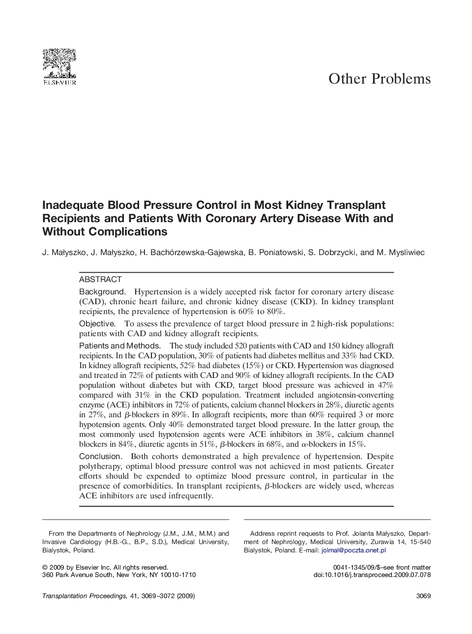 Inadequate Blood Pressure Control in Most Kidney Transplant Recipients and Patients With Coronary Artery Disease With and Without Complications