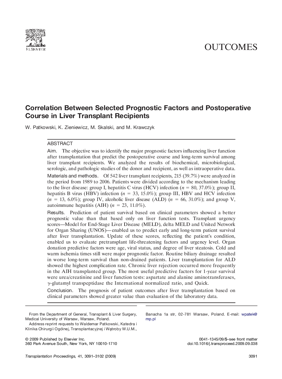 Correlation Between Selected Prognostic Factors and Postoperative Course in Liver Transplant Recipients