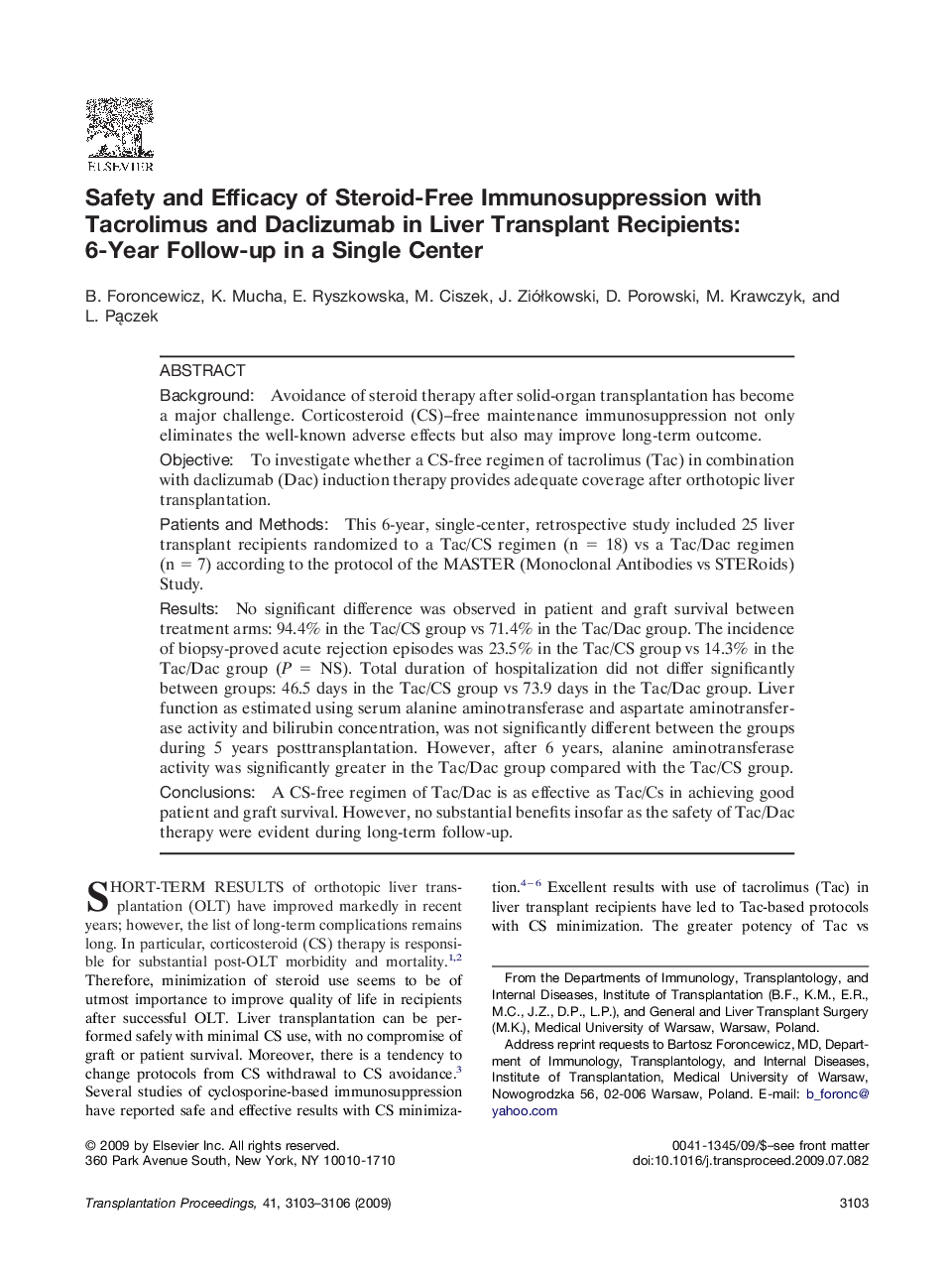 Safety and Efficacy of Steroid-Free Immunosuppression with Tacrolimus and Daclizumab in Liver Transplant Recipients: 6-Year Follow-up in a Single Center