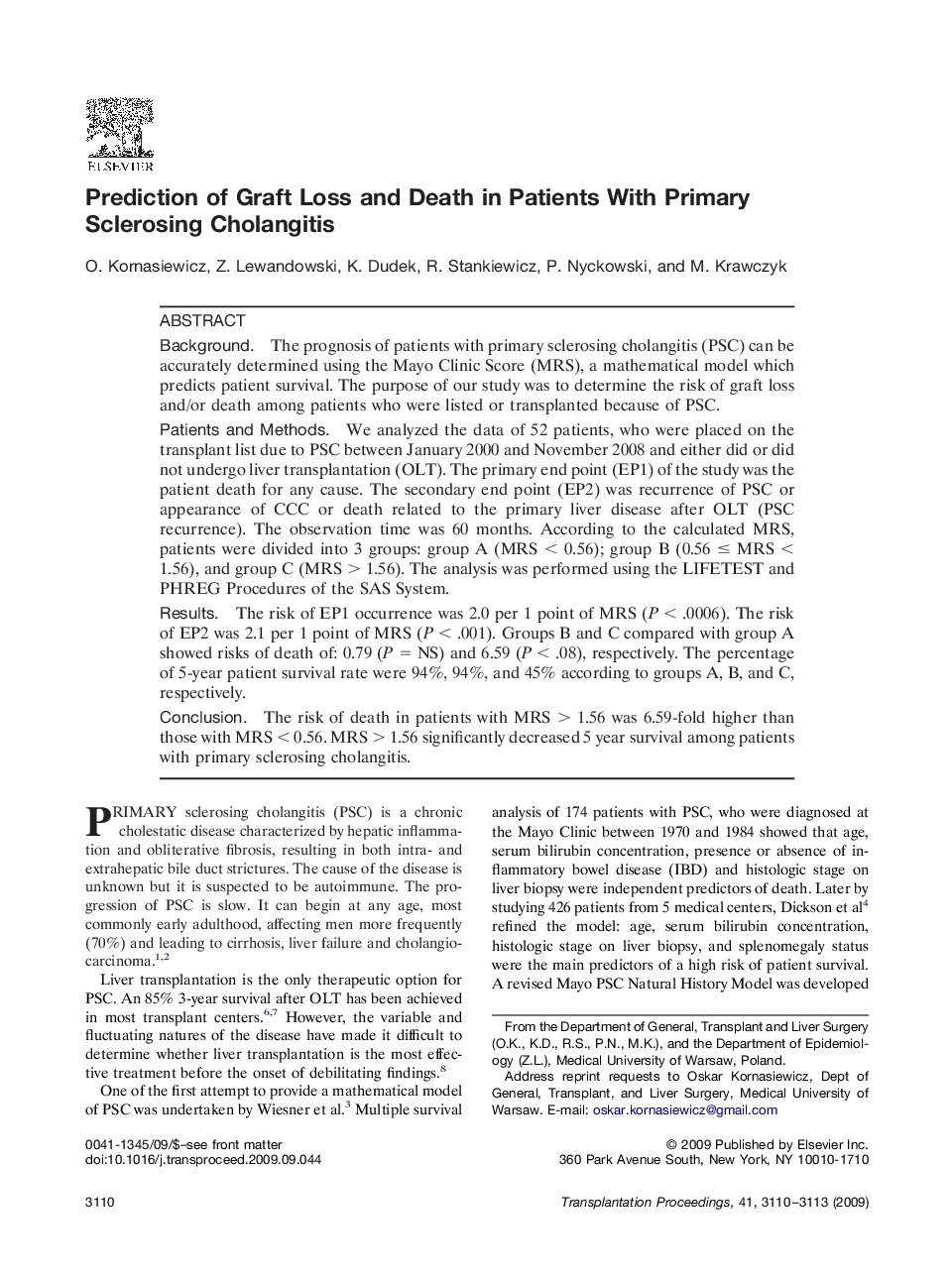 Prediction of Graft Loss and Death in Patients With Primary Sclerosing Cholangitis