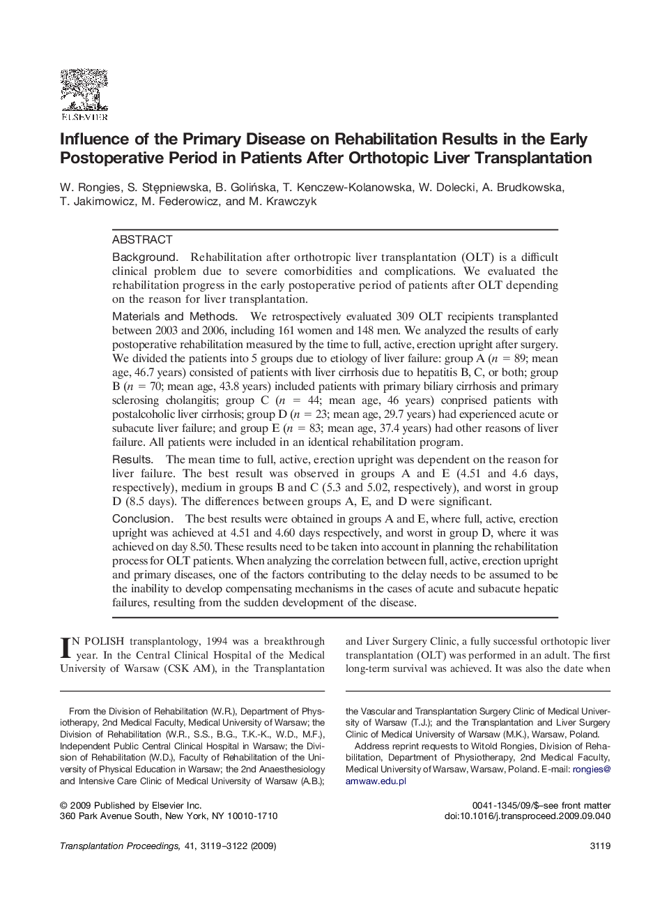 Influence of the Primary Disease on Rehabilitation Results in the Early Postoperative Period in Patients After Orthotopic Liver Transplantation