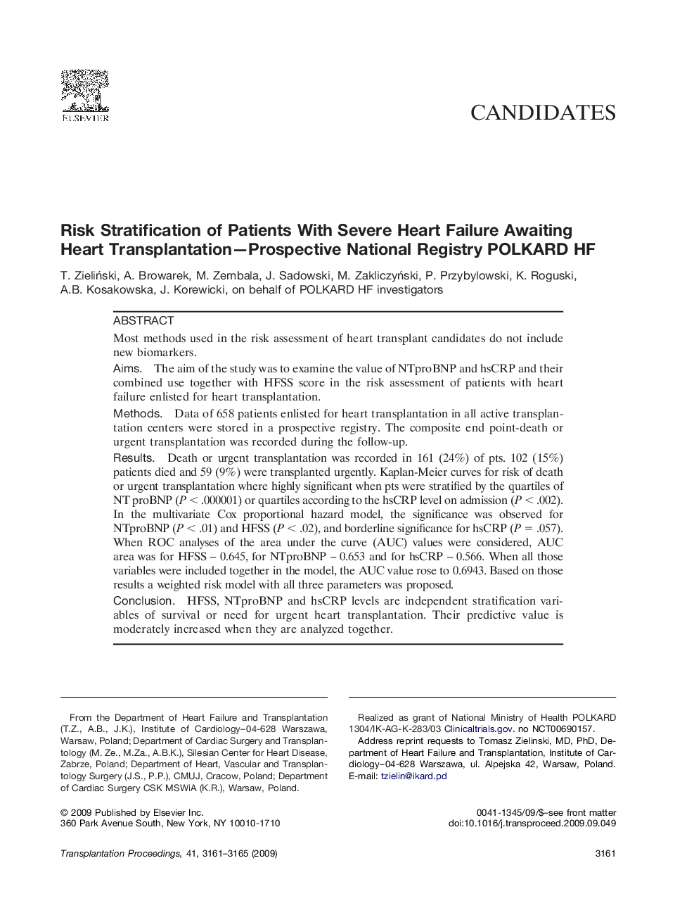 Risk Stratification of Patients With Severe Heart Failure Awaiting Heart Transplantation—Prospective National Registry POLKARD HF 