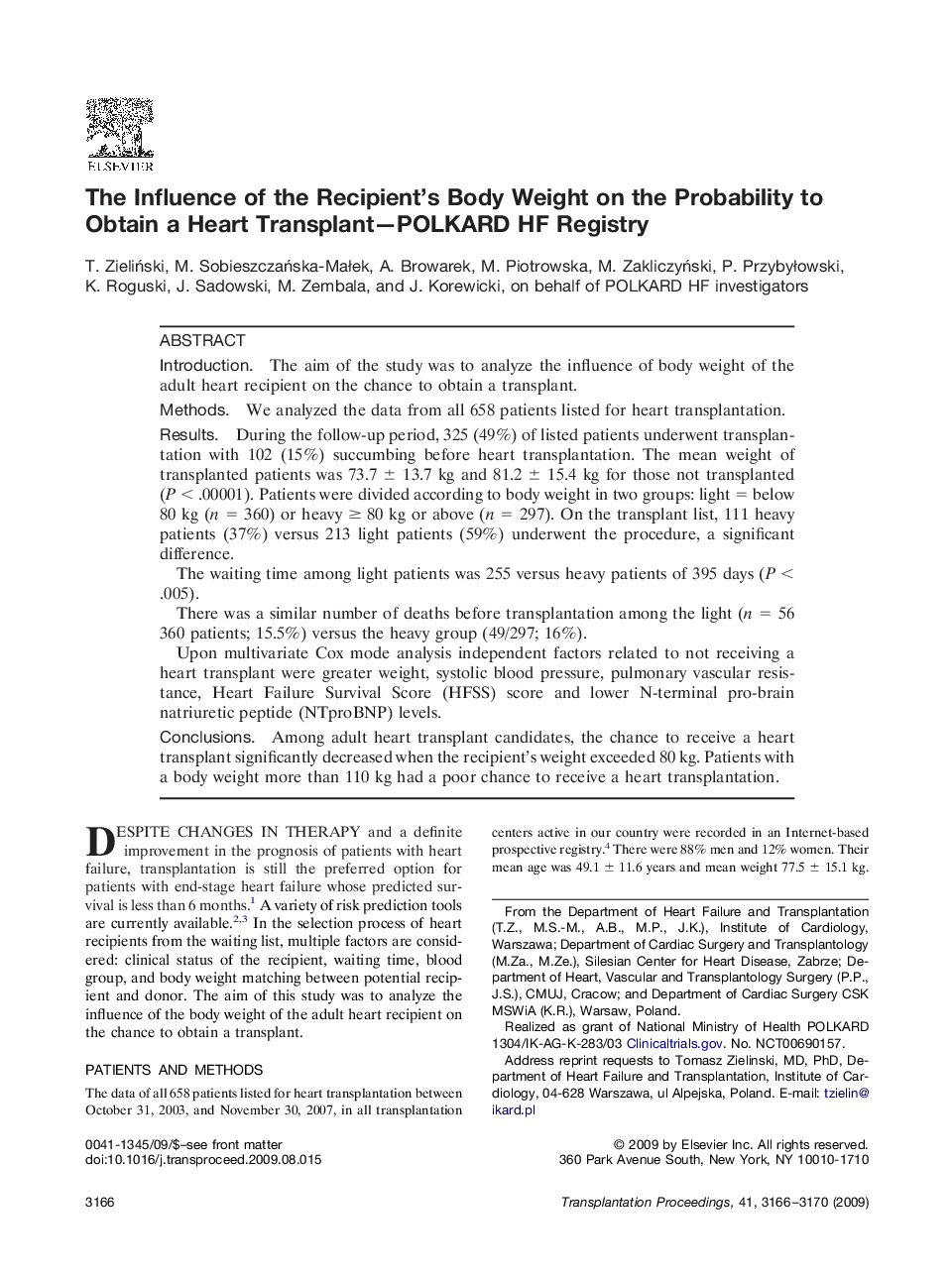 The Influence of the Recipient's Body Weight on the Probability to Obtain a Heart Transplant—POLKARD HF Registry 