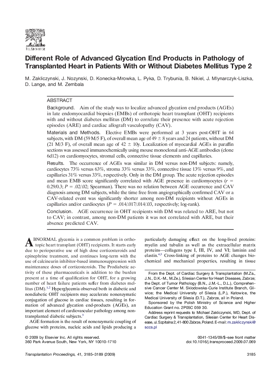 Different Role of Advanced Glycation End Products in Pathology of Transplanted Heart in Patients With or Without Diabetes Mellitus Type 2