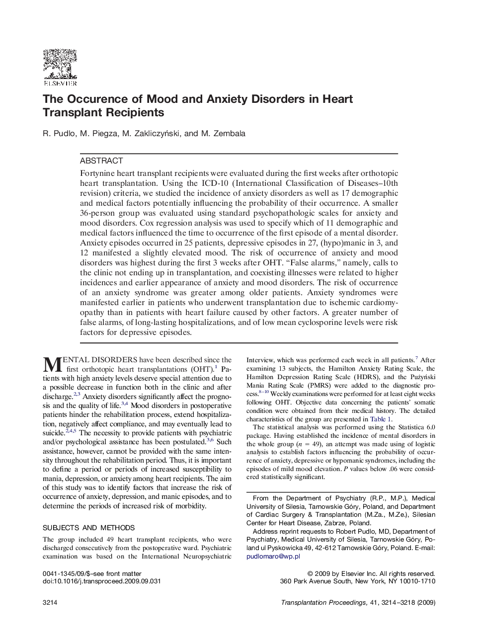 The Occurence of Mood and Anxiety Disorders in Heart Transplant Recipients