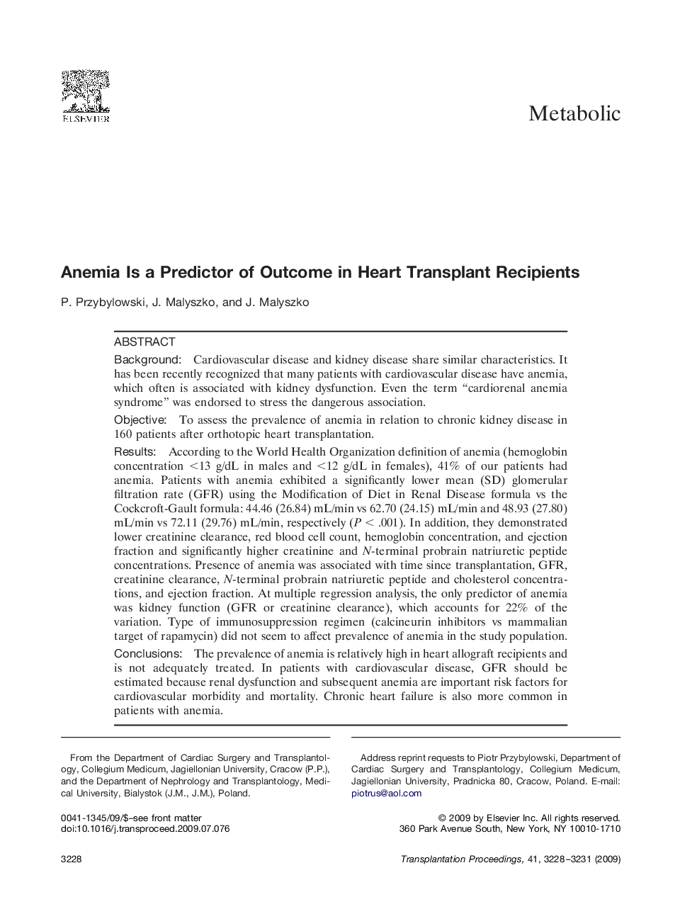 Anemia Is a Predictor of Outcome in Heart Transplant Recipients