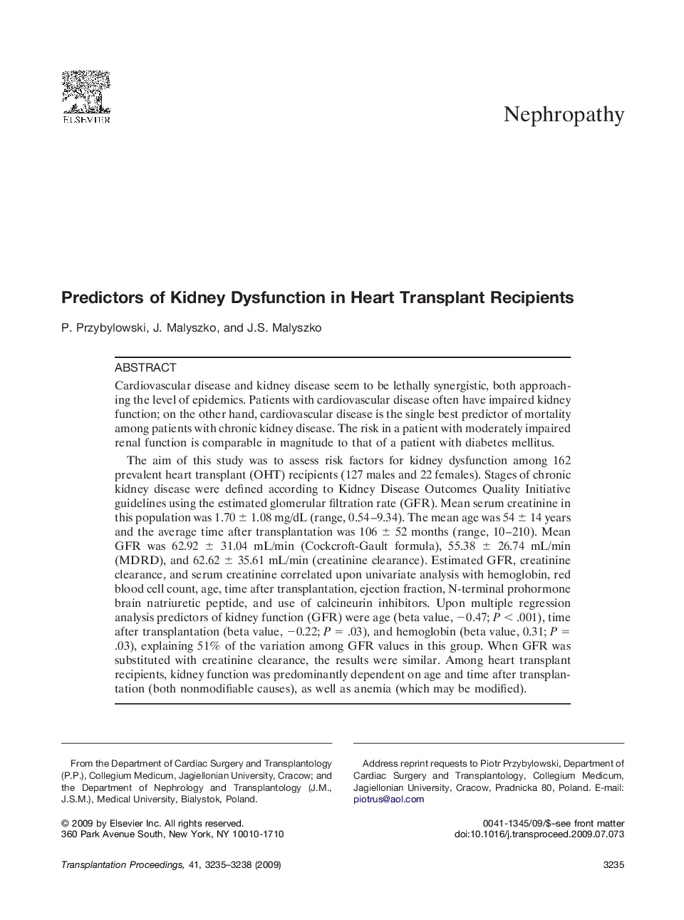 Predictors of Kidney Dysfunction in Heart Transplant Recipients