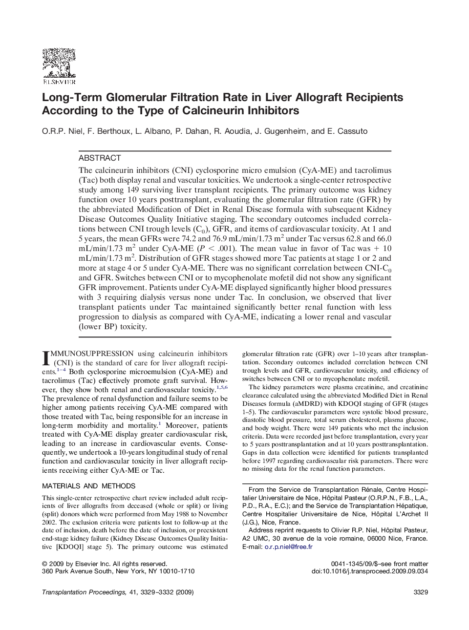 Long-Term Glomerular Filtration Rate in Liver Allograft Recipients According to the Type of Calcineurin Inhibitors