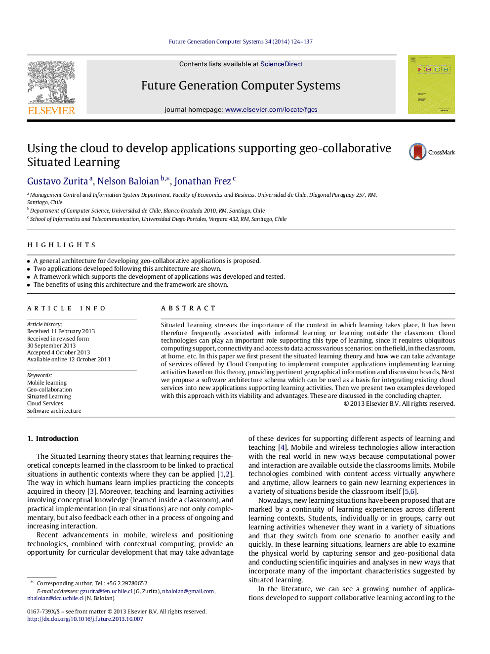 Using the cloud to develop applications supporting geo-collaborative Situated Learning