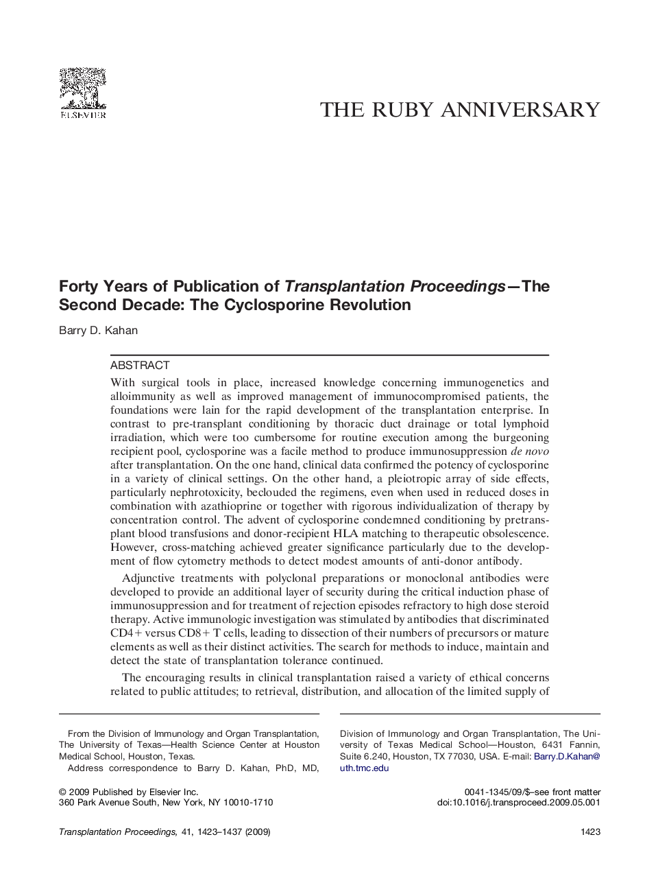 Forty Years of Publication of Transplantation Proceedings—The Second Decade: The Cyclosporine Revolution