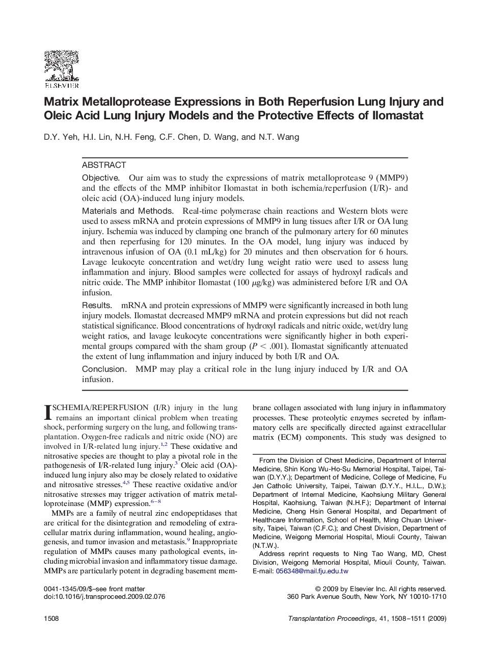 Matrix Metalloprotease Expressions in Both Reperfusion Lung Injury and Oleic Acid Lung Injury Models and the Protective Effects of Ilomastat